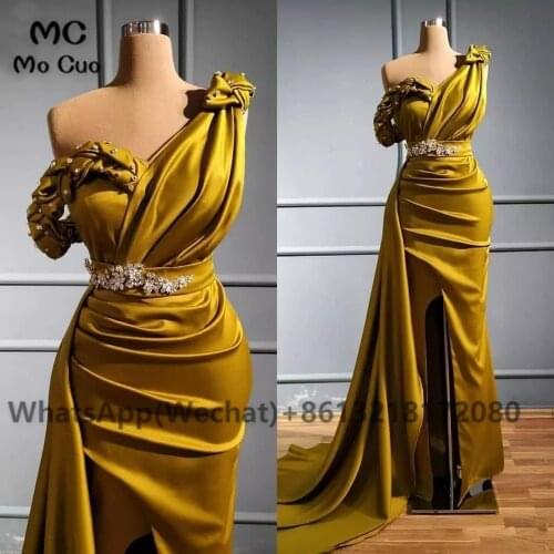 2021 Gold Mermaid One Shoulder Evening Prom Dresses Long Pleat Crystals Silk Satin African Black Womens Evening Prom Dress