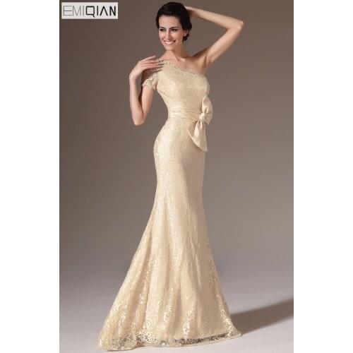 Free Shipping New A-line Champagne One-Shoulder Short Lace Sleeve Evening Gown Dress