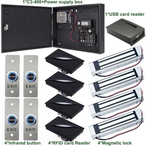 ZK C3-400 IP-based Four Doors Access Control Board Panel Access Control System+Power Supply Box RFID Reader Exit Button Lock