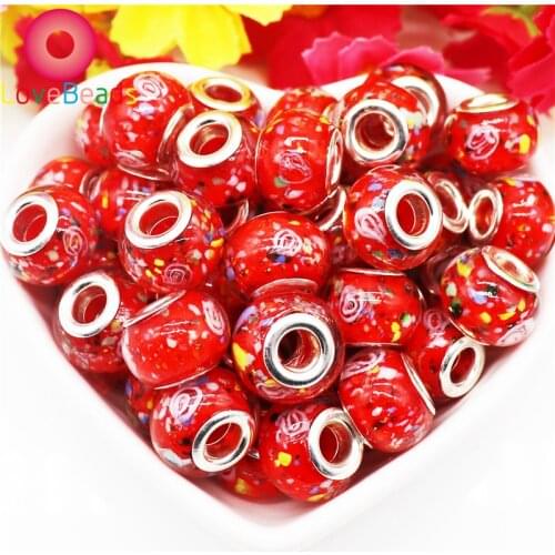10Pcs Red Flower Murano Charms Lampwork Large Hole Round Spacer Beads With Silver Plated Fit Pandora Bracelet Jewelry for Women