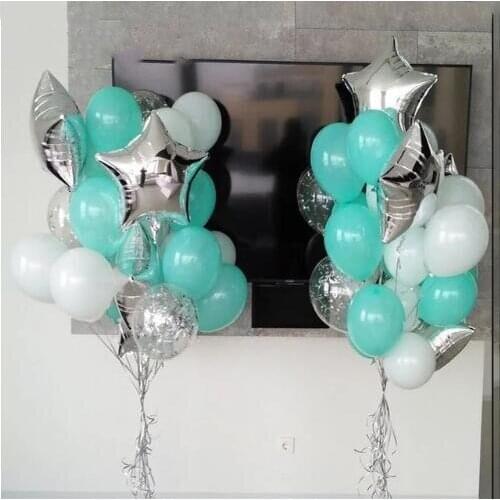 13pcs 18inch silver star foil balloons with 10'' confetti mint green latex balls wedding baby shower decoration birthday party