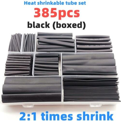 385pcs(boxed) heat shrinkable sleeving 2:1 black electronic DIY Kit insulated polyolefin sheathed shrink sleeve cables andCable