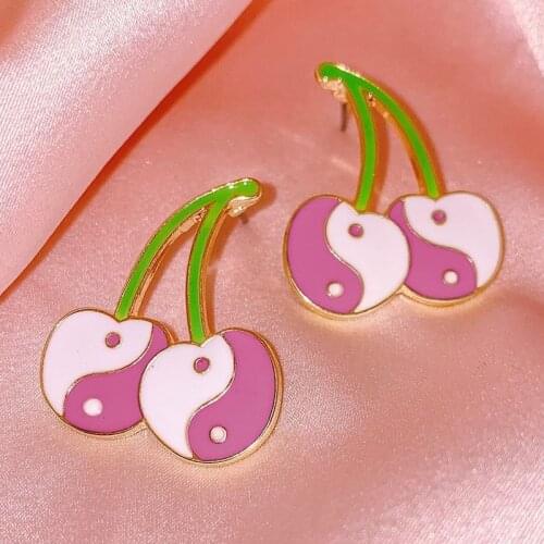 90s Style INS Pink Cherry Yin Yang Earrings for Women Aesthetic Vintage Harajuku Earrings Charms Fashion Jewelry Wholesale