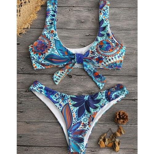 Bikini 2021 Womens Solid Color Two Piece Exotic Retro Print Bowknot Sexy Buckle Design Bikini Beachwear Swimsuit Bathing Suit