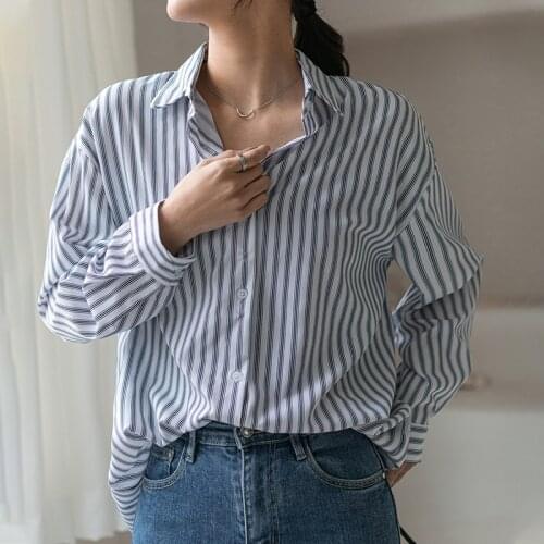 Women Fashion Korean Office Striped Loose Blouses Turndown Collar Long Sleeve Female Shirts Chic Tops 2021 Spring Autumn New
