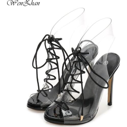Fashion Transparent Lace-up Open Toe Shoes Waterproof Platform High-heeled Stiletto Heel All-match Female Sandals Heel Big Size