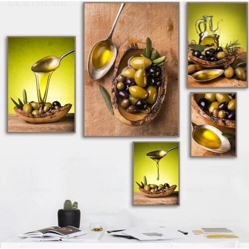 Kitchen Poster Olive Oil and Spoon Food Canvas Painting Pictures for Living Room Dinning Room Restaurant Wall Interior Decor Art