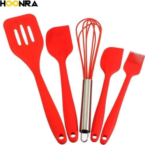 HOONRA 5Pcs Silicone Cooking Tools Set Non-stick Silicone Kitchen Cooking Tools Spatula Brush Egg Beater Kitchen Utensils Set