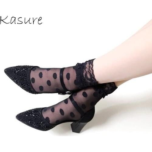 KASURE New Fashion Spring Summer Transparent Thin Mesh Tulle Ankle Socks Elastic Dot Pattern With Lace Fringe Fishnet Socks