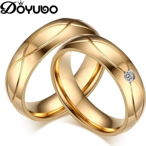DOYUBO Gold Color Lovers Titanium Steel Rings With White Cubic Zirconia Couples High Quality Finger Rings Engraved Logo DF027