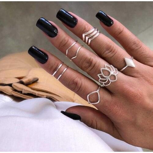 8 Pcs/set Fashion Openwork Geometric Lotus V Rhombus Joint silver colour Rings Set Women Wedding Party Jewelry Accessories