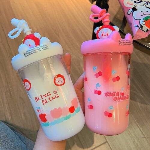 Korean ins student summer water bottle with stir stick straw plastic drink bottle kawaii milk tea juice cup sports waterbottle