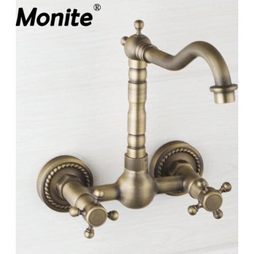 Monite Solid Brass Wall Mounted Dual Handle Bathroom Sink Mixer Faucet Antique Brass Hot and Cold Water Tap