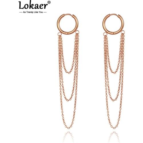 Lokaer Trendy Titanium Stainless Steel Chain Tassel Hoop Earrings Rose Gold Hiphop/Rock Charm Jewelry For Women Girls E20310