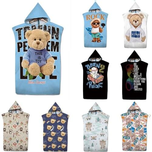 Cute Bear Pattern Outdoor Adult Hooded Microfiber Quick Dry Beach Towel Poncho Women Man Swim Surf Replacement Bathrobe Cloak