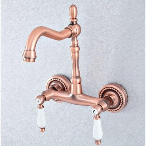 Red Copper Wall Mounted Basin Faucets Bath Faucets Double Handle Dual Hole Bathroom Sink Washbasin Water Mixer Tap zsf885