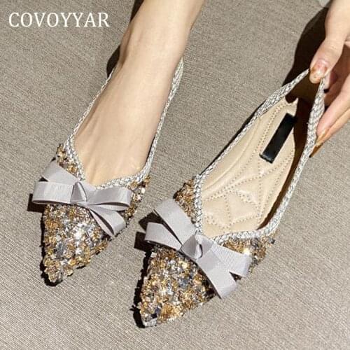 COVOYYAR Womens Shoes Bow Pointed Toe Flat Shoes Woman Plus Size 43 Bling Wedding Shoes Elegant Slip on Ballet Flats WFS4071