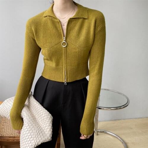 Spring and Autumn Womens Casual Solid Color Lapel Long Sleeve Short Cardigan Sweater