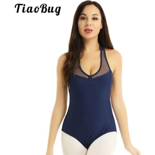 TiaoBug Adult V-neck Sleeveless Racerback Mesh Splice Gymnastics Leotard Women Ballet Costume Bodysuit Competition Dance Wear