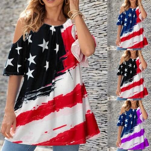 2021 Summer New Sexy Fashion Womens Casual Wear Flag Printing Loose Lengthened Strapless Round Neck Top