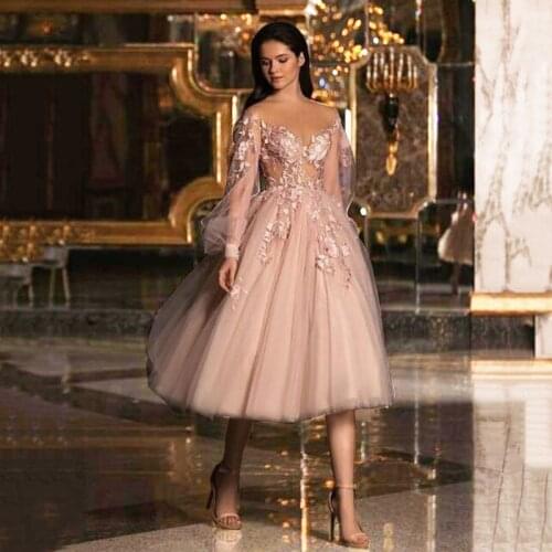 SoDigne Tulle A Line Evening Dress Long Sleeves Lace Appliques Tea Length Wedding Party Dress Graduation Prom Dress