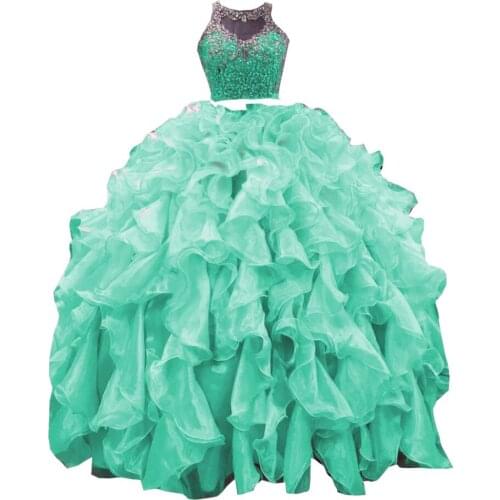 2021 Popular Mint Two Pieces Ball Gown Cheap Quinceanera Dress Sheer Neck Ruffled Crystal Prom Formal Graduation Dresses Long