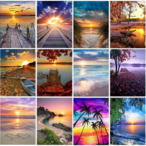 5D Diamond Painting Sunset Landscape Round Diamond Sunrise Seaside Diamond Embroidered Decorative Painting Crafts Art
