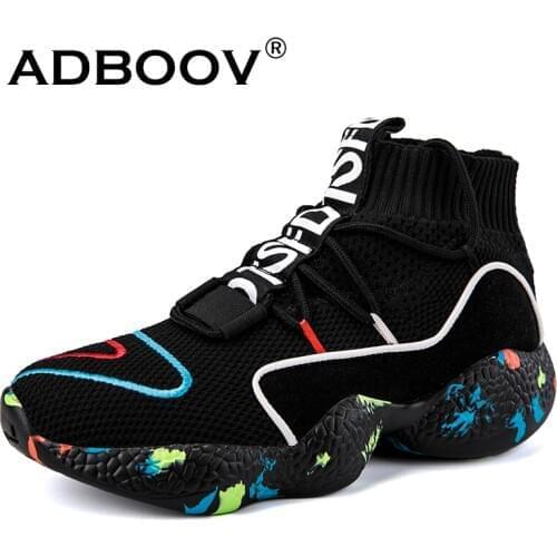 ADBOOV High Top Sneakers Women Knit Upper Breathable Sock Shoes Woman Thick Sole 5 CM Fashion sapato feminino Black / White