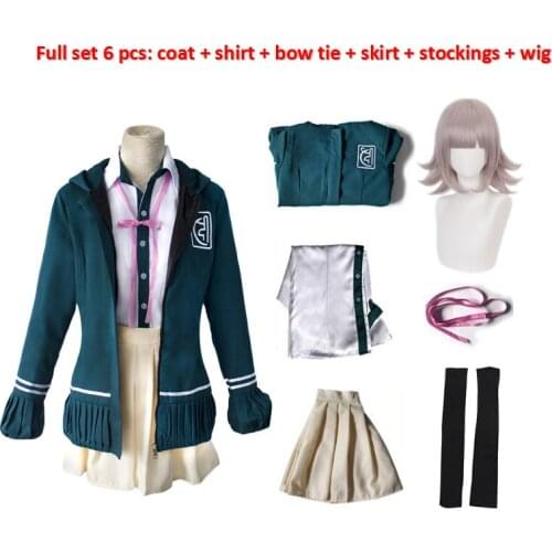 Anime Clothes Chiaki Nanami Cosplay Costume Danganronpa 2 Hooded Sweater Coat Skirt Shirt Wig Women Kids Green Uniform Halloween