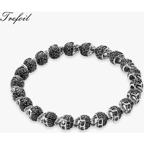 Bracelet Strand Beaded with Skull Beads, 2018 New Blackened Silver Homme Fashion Jewelry Punk Gift for Men Boy Women Girls