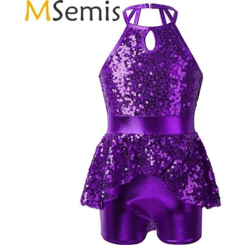 Kids Ballet Dance Costume For Girls Gymnastics Lyrical Modern Dance Performance Wear Children Shiny Sequins Shorty Unitard Dress