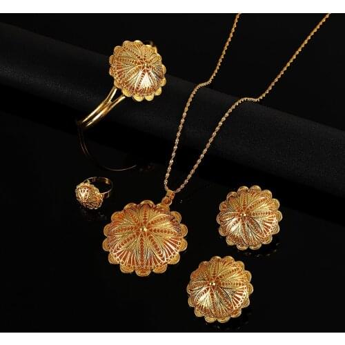 Ethiopian Trendy Pendant Necklace Earrings Ring Bangles for Womens Eritrea African Flower Jewelry Set