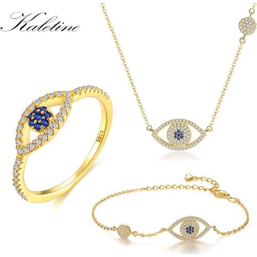 KALETINE Evil Eye Good Luck Charm 925 Sterling Silver Set Ring/Bracelet/Necklace 3 Piece Set Women Bridemaid Gift Jewelry Gold