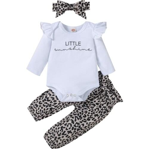 Baby Girls Clothes Set, Letter Print Long Sleeve O-neck Romper+Leopard Print Trousers+Headband