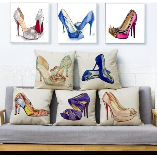 Creative Hand-painted Lady High Heels Shoes Print Cushion Cover Linen Pillow Covers 45*45 cm Pillows Cases Home Decor Pillowcase