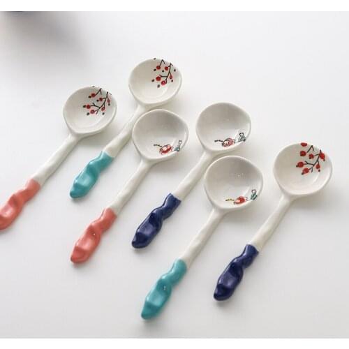 Cute Hand-squeezed Irregular Soup Spoon Ceramic Under-glaze Creative Spoon Dinner Serving Spoon Large Drinking Dessert Spoons