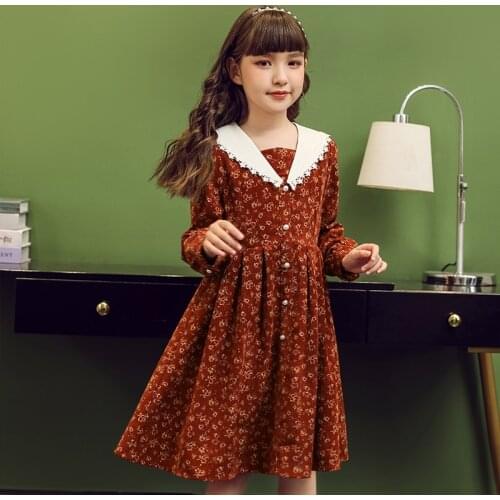 Wedding Birthday Party Dress For Girls Floral Print Lace Turn Down Collar Gowns Kids Children Mid Lenght Dresses Clothing 2021