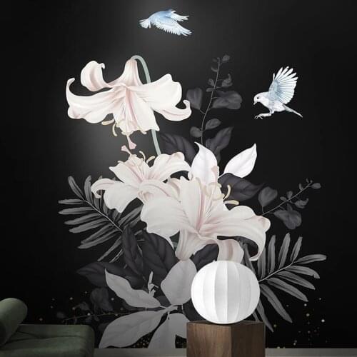 New Fresh Ins Style Floral Custom Wallpaper Hand-painted Lily Flowers Birds Black Background Wall Art Decorative Mural Photo 3D