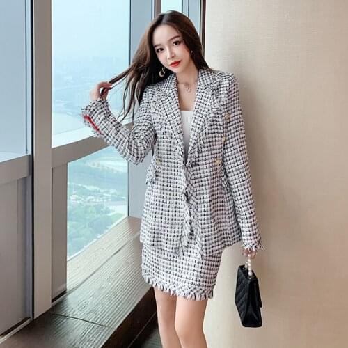 Winter autumn fashion thick warm plaid formal women sets slim long jacket and mini a-line skirt high quality cute women sets