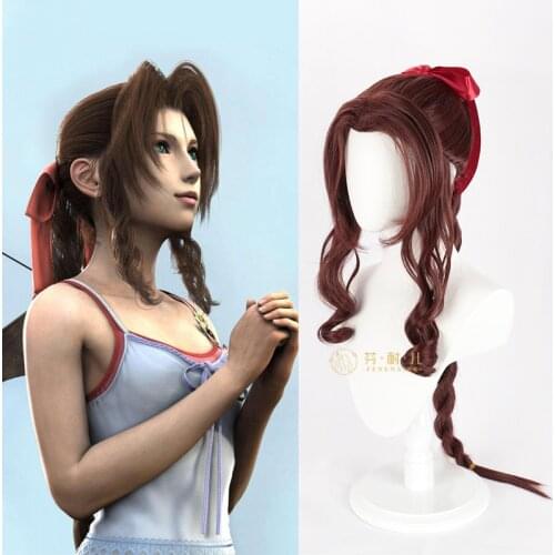 Game Final Fantasy VII Aerith Gainsborough Cosplay Wigs Long Curly Heat Resistant Synthetic Hair Wig (Only Wig) + Wig Cap