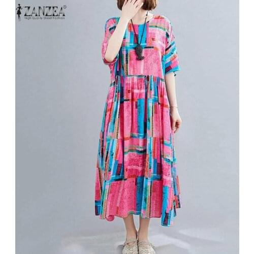 ZANZEA Summer Short Sleeve Maxi Long Dress Women Bohemian Sundress Kaftan Robe Femme Dresses Plus Size Vintage Beach Vestido