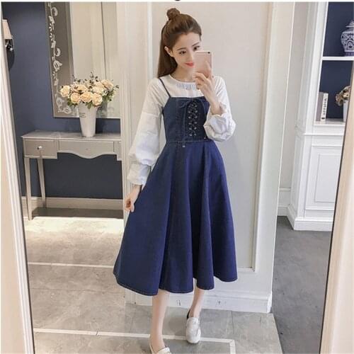 2020 Spring Women Korean Style Sweet Denim Dress Sleeveless Zipper Ribbon High Waist Female Midi Slip Dress Woman Clothes D842