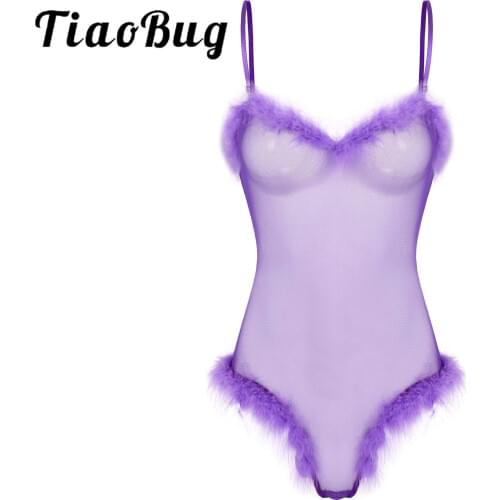 Sexy See-through Sheer Bodysuit Womens Lingerie Feather Trimming Mesh Sexy Bodysuit Erotic Adjustable Spaghetti Strap Jumpsuits