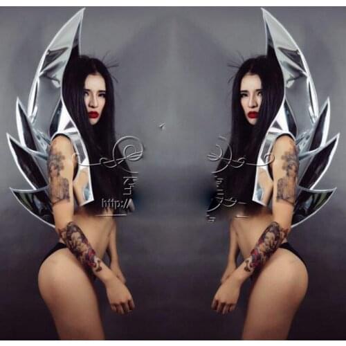 Silver mirror backplane disco wears armor outfits Party ballroom dance stage costumes dj singer perform dress ds shoulder dj