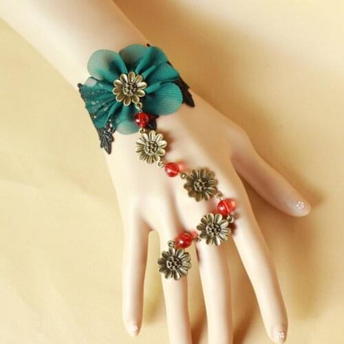 Pretty Fabric and Metal Flowers Lady`s Lace Bracelet Fingerring set