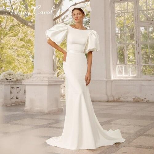 Ashley Carol Mermaid Wedding Dress 2021 Classy Scoop Puff Sleeve Satin Bride Detachable Train 2 In 1 Bow Simple Bridal Gown