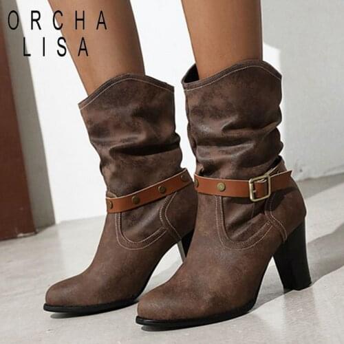 ORCHA LISA Women Midclaf Boots Round Toe 8cm Square Heels Buckle Rivets Pleated Vintage Stylish Cool Big Size 33-46 C2177