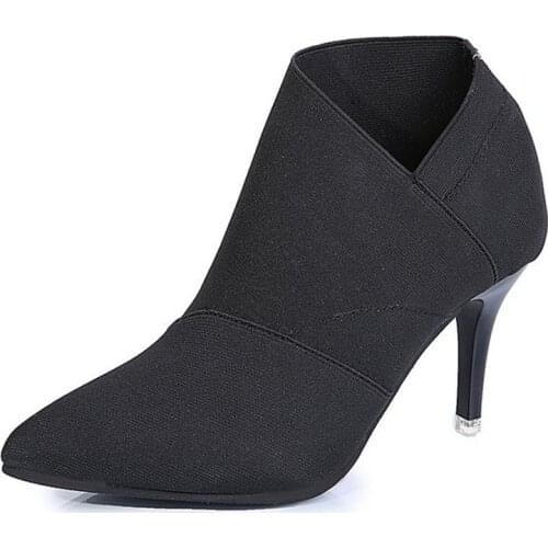 Womens shoes new fashion versatile pointed elastic cloth ankle boots soft soles comfortable non-slip stiletto heels