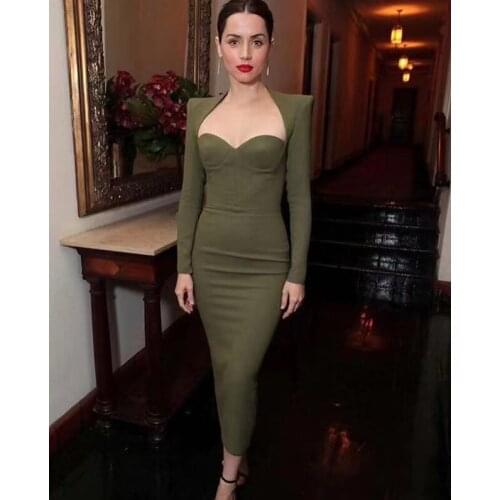 Women Winter Sexy Long Sleeve Army Green Bodycon Bandage Dress Fashion Celebrity Designer Evening Party Long Dress Vestidos