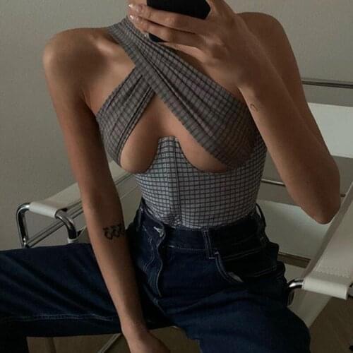 2021 Sexy Cut-Out Cross Halter Crop Tops Fashion Plaid Sleeveless Backless Cropped Y2K Female Cami Top Summer Streetwear